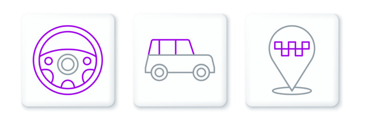 Set line Location with taxi, Steering wheel and Car icon. Vector