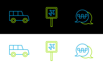 Set line Taxi call telephone service, Car and Airport icon. Vector