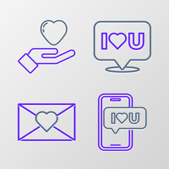 Set line Mobile with heart, Envelope Valentine, Speech bubble I love you and Heart hand icon. Vector