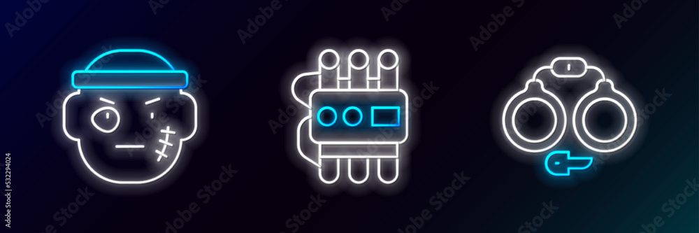 Poster set line handcuffs, bandit and dynamite timer clock icon. glowing neon. vector
