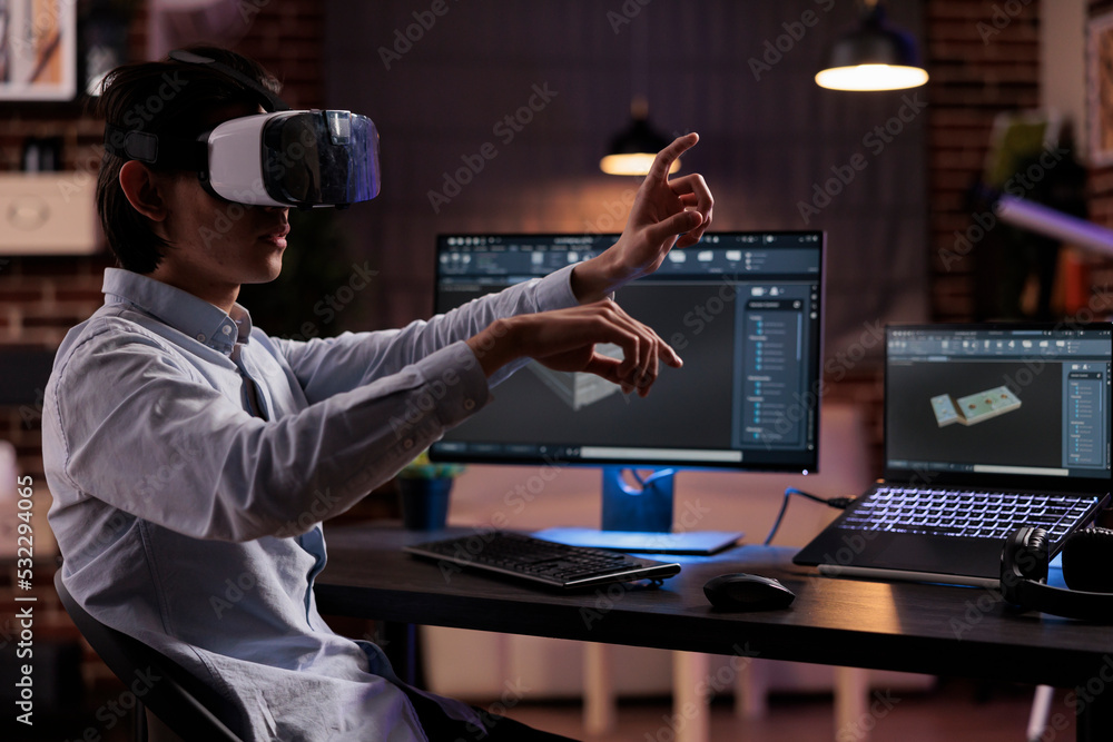 Poster technical developer engineering machine product, working with vr glasses and cad software on monitor