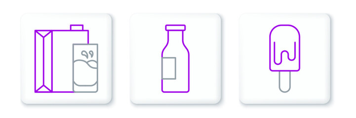 Set line Ice cream, Paper package for milk and Bottle with icon. Vector