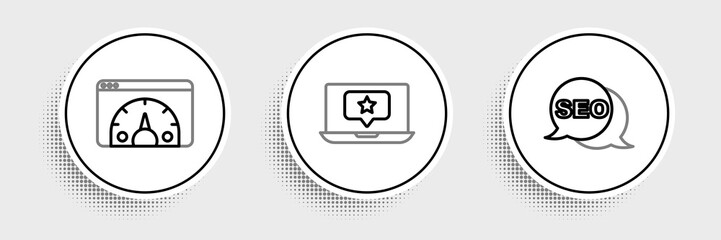 Set line SEO optimization, Website statistic and Laptop with star icon. Vector