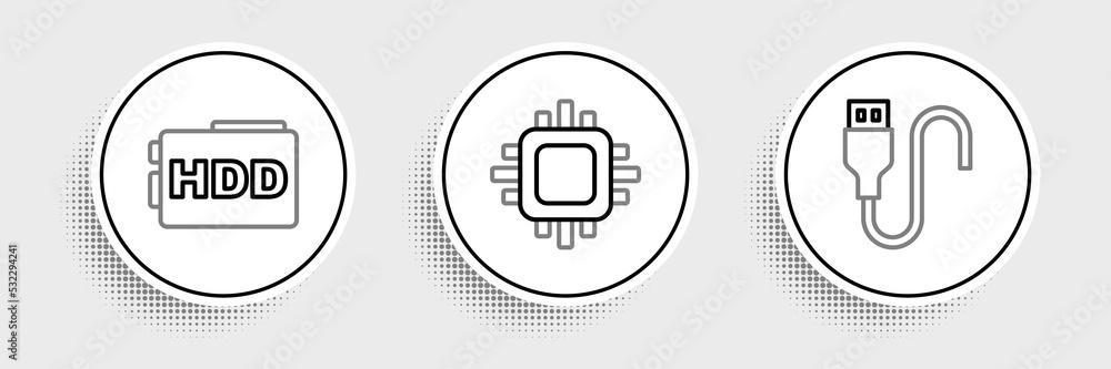Aufkleber set line usb cable cord, hard disk drive hdd and processor with cpu icon. vector