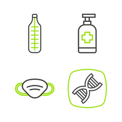 Set line DNA symbol, Medical protective mask, Antibacterial soap and thermometer icon. Vector