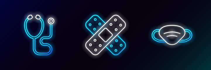 Set line Medical protective mask, Stethoscope and Crossed bandage plaster icon. Glowing neon. Vector