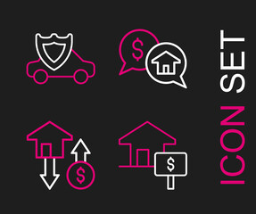 Set line House with dollar, Price negotiation and Car shield icon. Vector