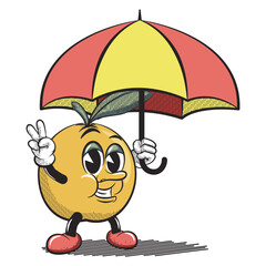 vector illustration of vintage cartoon character of orange fruit carrying umbrella