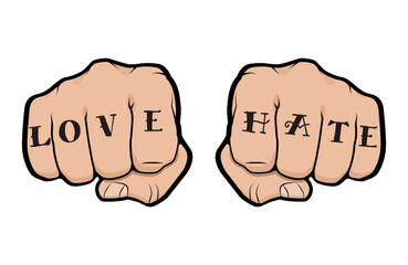 Fist with Love Hate tattoo on fingers, front view of a man fist with tattoo