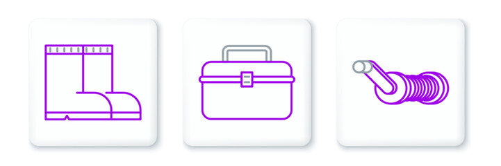 Set line Spinning reel for fishing, Fishing boots and Case box container wobbler and gear equipment icon. Vector