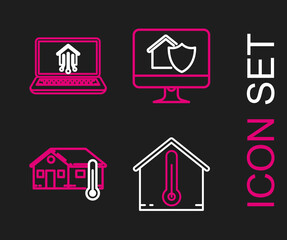 Set line House temperature, Computer monitor with house under protection and Laptop smart home icon. Vector