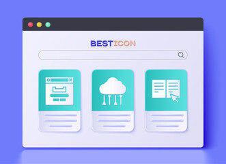 Set Network cloud connection, Browser window and Online book icon. Vector