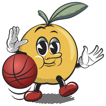 vector illustration of vintage cartoon character of orange fruit playing basketball