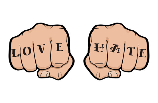 Fist With Love Hate Tattoo On Fingers, Front View Of A Man Fist With Tattoo