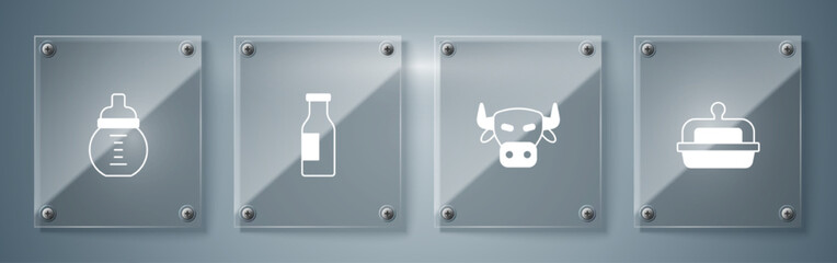 Set Butter in a butter dish, Cow head, Bottle with milk and Baby bottle. Square glass panels. Vector