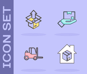 Set Home delivery services, Unboxing, Forklift truck and Delivery hand with icon. Vector