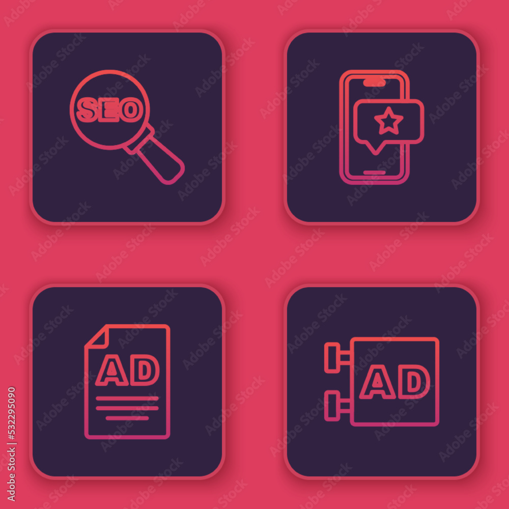 Poster set line seo optimization, advertising, mobile with review rating and . blue square button. vector