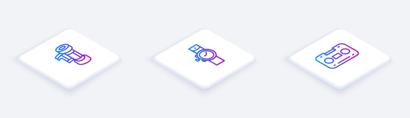 Set Isometric line Camera roll cartridge, Wrist watch and Retro audio cassette tape. White square button. Vector