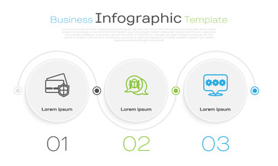 Set line Credit card with shield, System bug and Password protection. Business infographic template. Vector