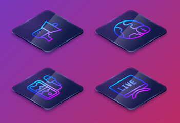 Set Isometric line Megaphone, Mobile recording, World news and Live report. Blue square button. Vector