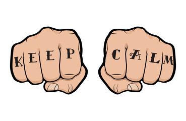 Fist with Keep Calm tattoo on fingers, front view of a man fist with tattoo
