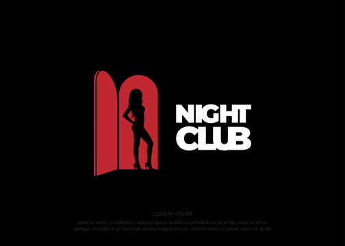 Sexy Girl Silhouette with Red Door for Bar Nightclub or Strip Dancer Logo Design on black background 