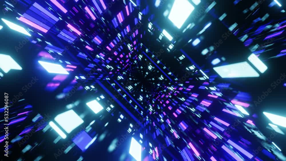 Poster fly through mirror designs form tunnel technology cyberspace with neon glow. sci-fi flight through d