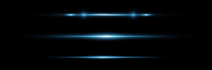 Blue horizontal lens flares pack. Laser beams, horizontal light rays.Beautiful light flares. Glowing streaks on dark background. Luminous abstract sparkling lined background.