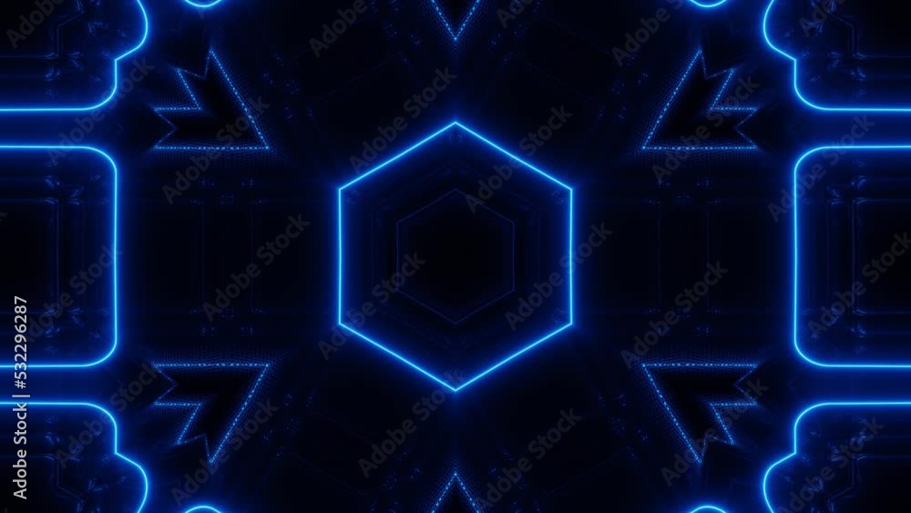 Poster symmetrical pattern. 4k neon kaleidoscope seamless looped background with glow neon lines and mirror