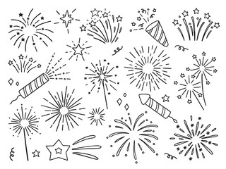 Obraz premium Hand drawn set of fireworks doodle. Fireckrackers in sketch style. Vector illustration isolated on white background