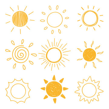 Hand drawn set of sun doodle. Vector illustration isolated on white background