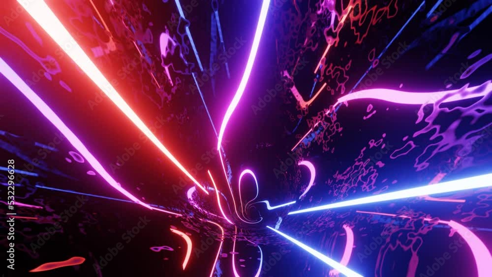 Poster hi-tech neon sci-fi tunel. trendy neon glow lines form pattern and construction in mirror tunnel. cu