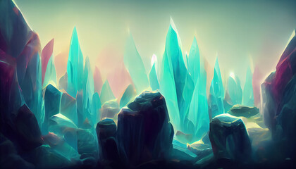 Abstract cave with pink and blue crystals background