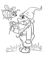 Cartoon gnome with funny bee coloring page. Outline illustration for book.
