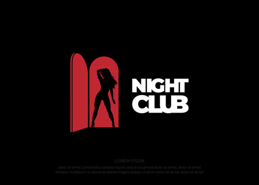Sexy Girl Silhouette with Red Door for Nightclub or Strip Dancer Logo Design on black background 