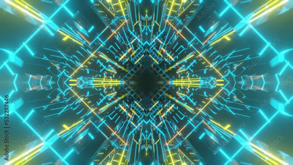 Poster fly through symmetrical technology cyberspace with neon glow. sci-fi flight through hi-tech technolo
