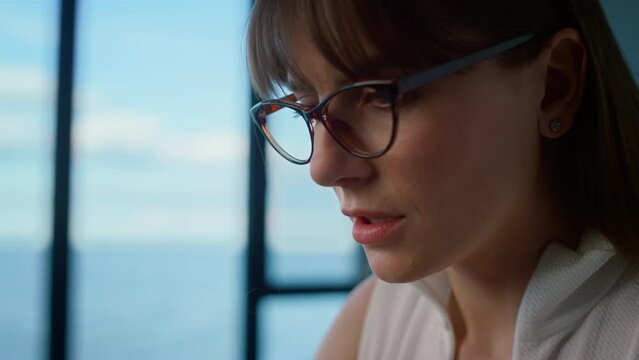 Portrait woman professional working in glasses. Focused financial director ceo