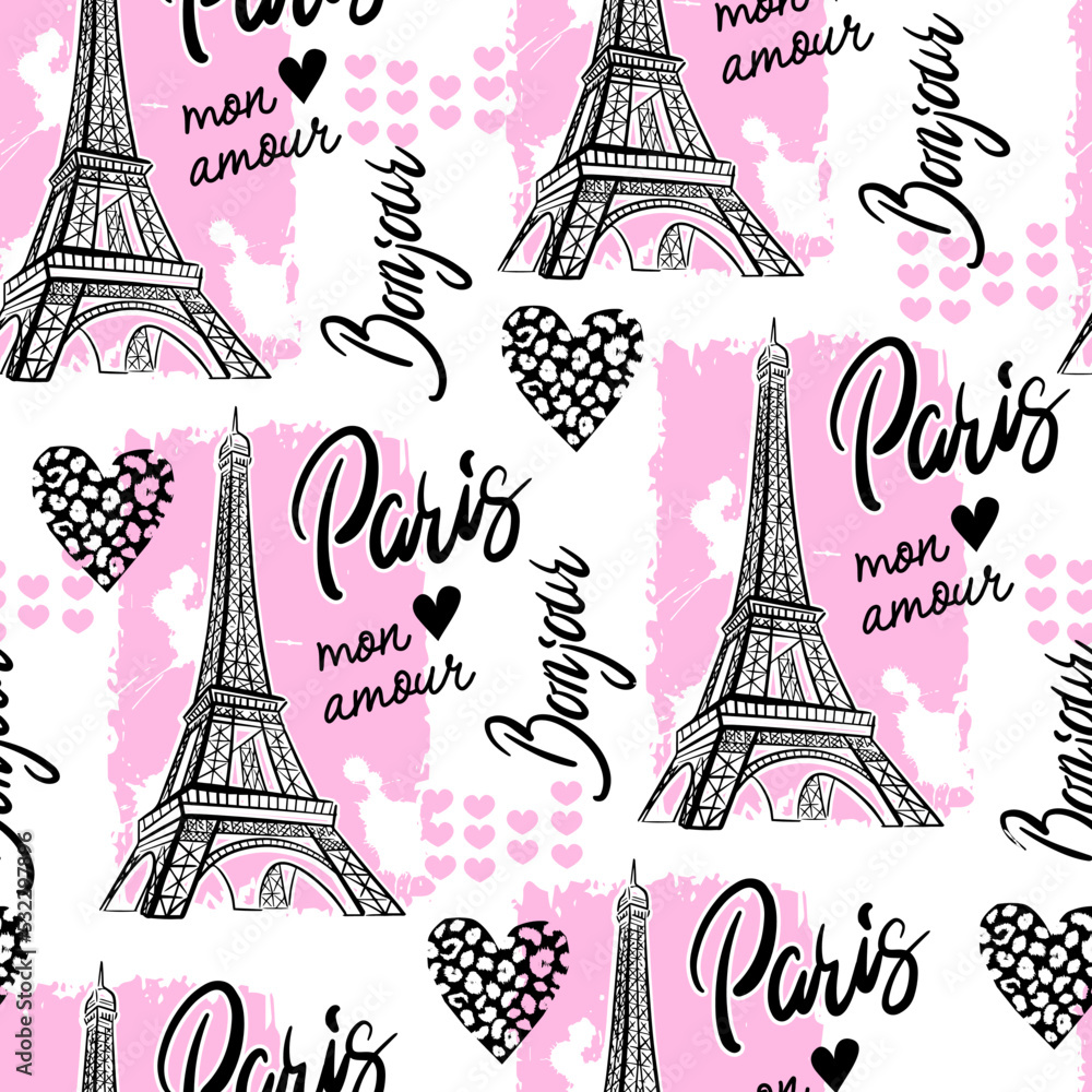 Poster abstract seamless modern pattern with eiffel tower, slogan and hearts. abstract fashion print design