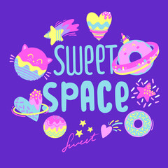 Fashion abstract t-shirt design with space donuts, planet, cosmic elements. Cool background on cute style for girl