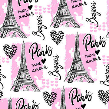 Abstract seamless modern pattern with Eiffel Tower, slogan  and hearts.  Abstract fashion print design in hand drawing style.