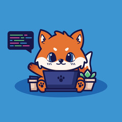 cute fox programmer sitting in front laptop flat illustration