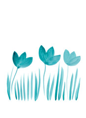 Watercolor composition of three stylized blue-green tulips. Botanical illustration in a minimalist style