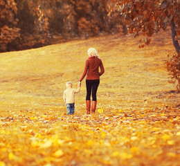 Mother and child walking together in autumn park with yellow leaves