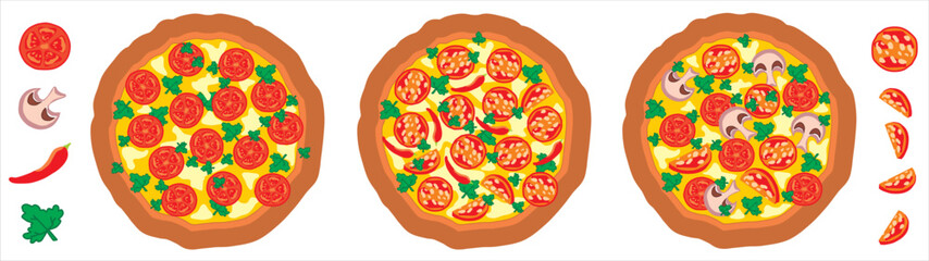 A set of round pizzas with mushrooms champignons, vegetables, cheese, sausage, tomatoes, mayonnaise, parsley and hot red pepper.  Pizza elements. Vector illustration.