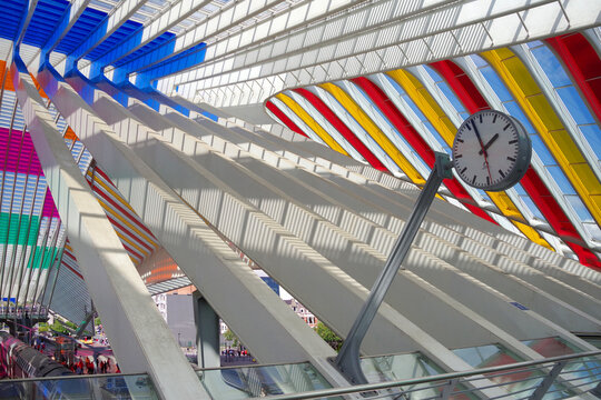 Guillemins station concourse in Liège, Belgium. Interior of the railway station