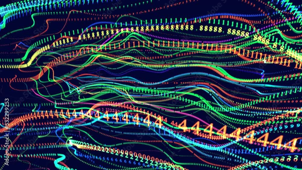 Poster digital waves in volume. vj loop hologram abstract bg. symbols form lines, grid. information concept