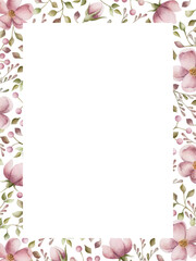 Fototapeta na wymiar Rectangle watercolor frame of pink flowers. Hand-painted vertical (or horizontal) frame with flowers and blades of grass for instagram, postcard, invitation. Hand drawn watercolor ornament.