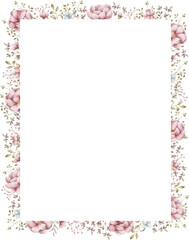Rectangle watercolor frame of pink flowers. Hand-painted vertical (or horizontal) frame with flowers and blades of grass for instagram, postcard, invitation. Hand drawn watercolor ornament.