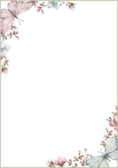 Rectangle frame with flowers and butterflies. Watercolor illustration