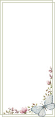 Obraz premium Rectangle frame with flowers and butterfly. Watercolor illustration